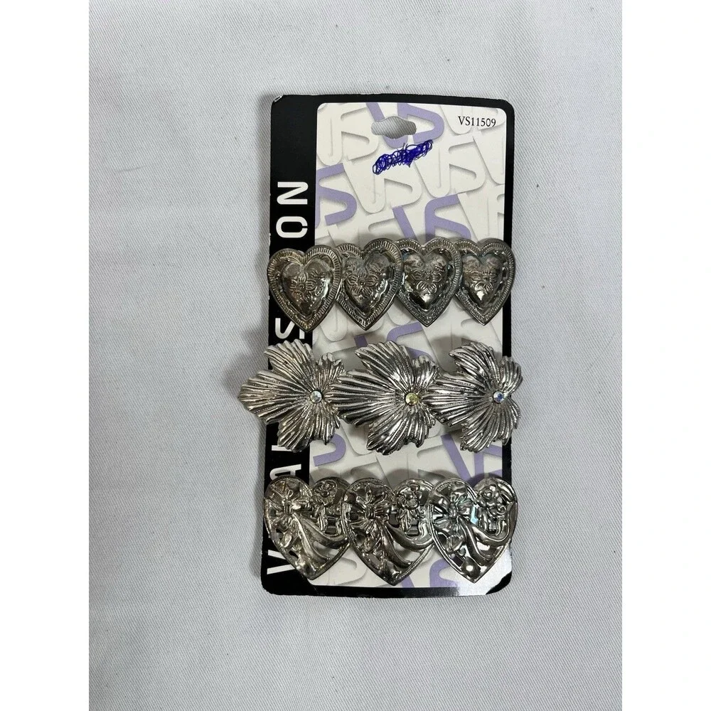 Vtg 1999 Vidal Sassoon Metal Barrettes Set Silver Heart Floral NOS Y2K Deadstock